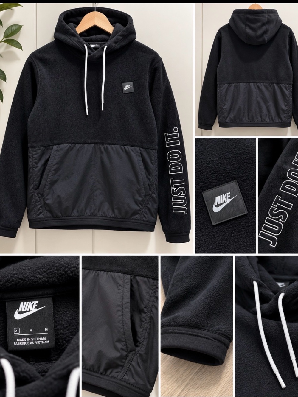 Nike Black Hoodie with White Drawstrings and Sleeve 'Just Do It.'size L men